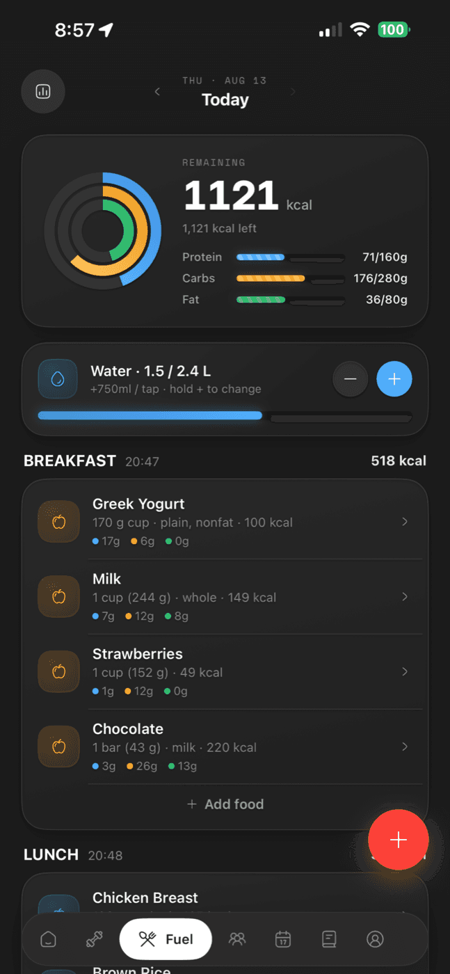 EduFit Fuel tab: calories remaining with protein, carb, and fat progress bars, a water tracker, and a logged breakfast
