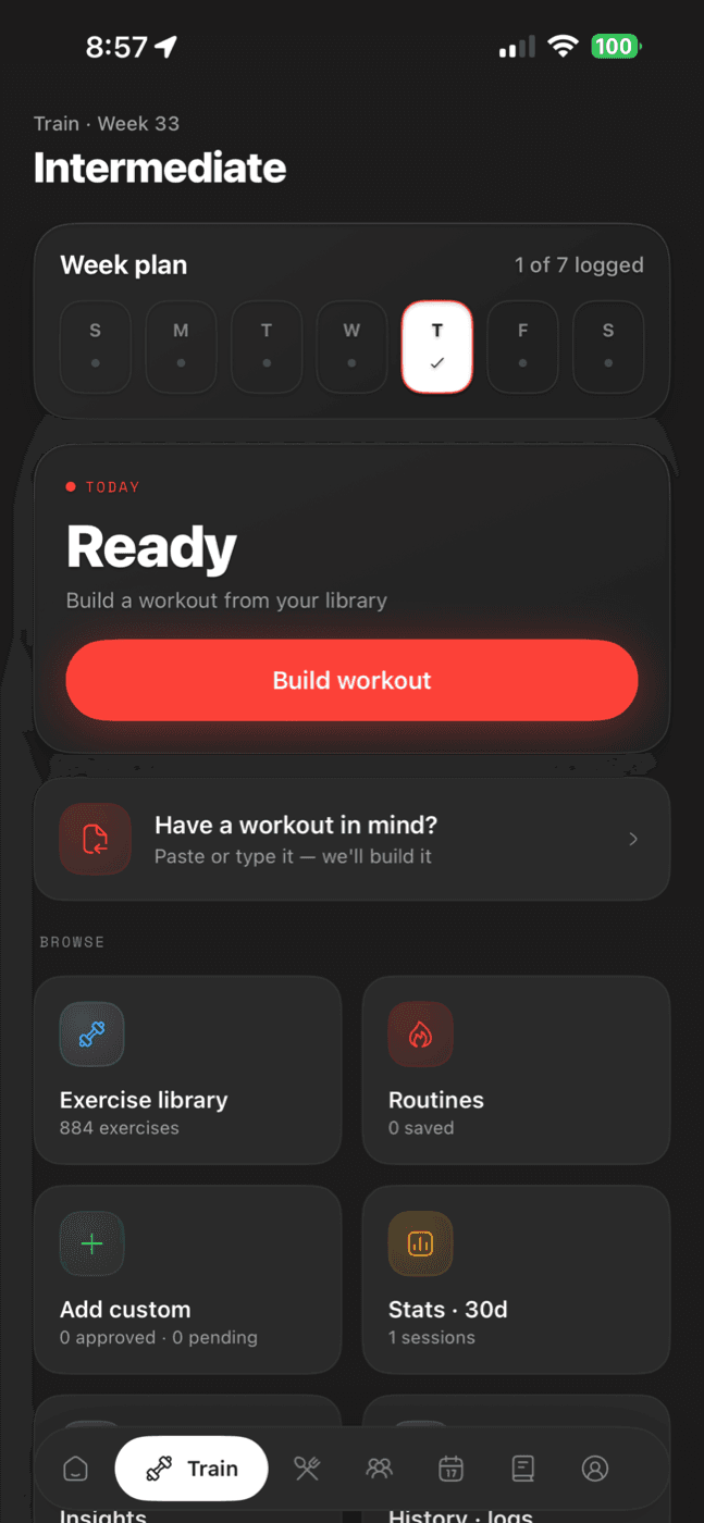 EduFit Train tab: a week plan with one of seven days logged, a red Build workout button, and browse tiles for the exercise library, routines, and 30-day stats